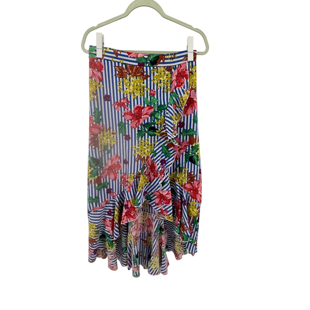 Midi‎ Skirt Womens XL Floral Striped High Low Ruffle Wrap Midi Skirt Blue White